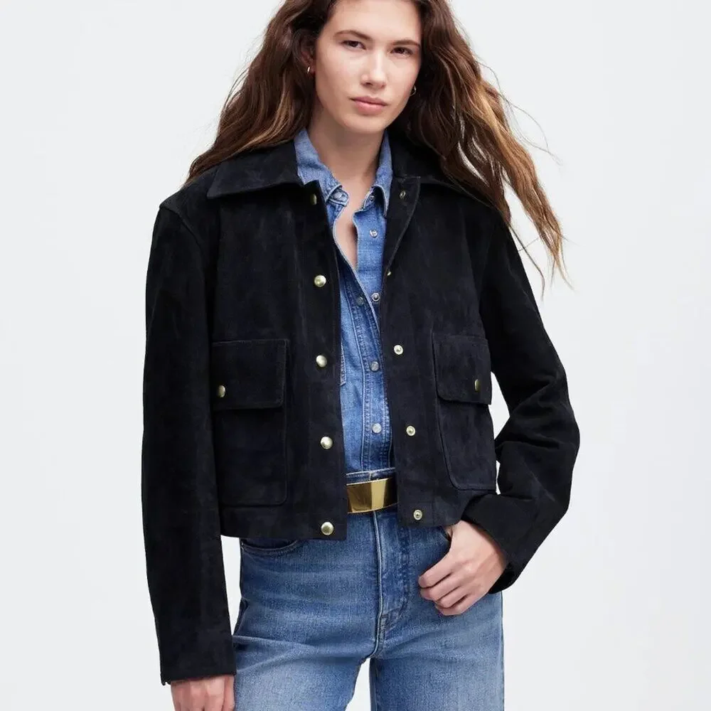 NWT Madewell Crop Chore Jacket in Suede Navy Blue L